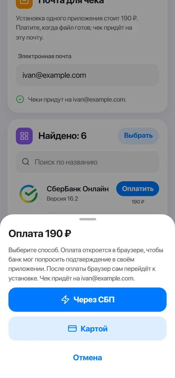 Окно оплаты в Айвико Store: СБП или карта